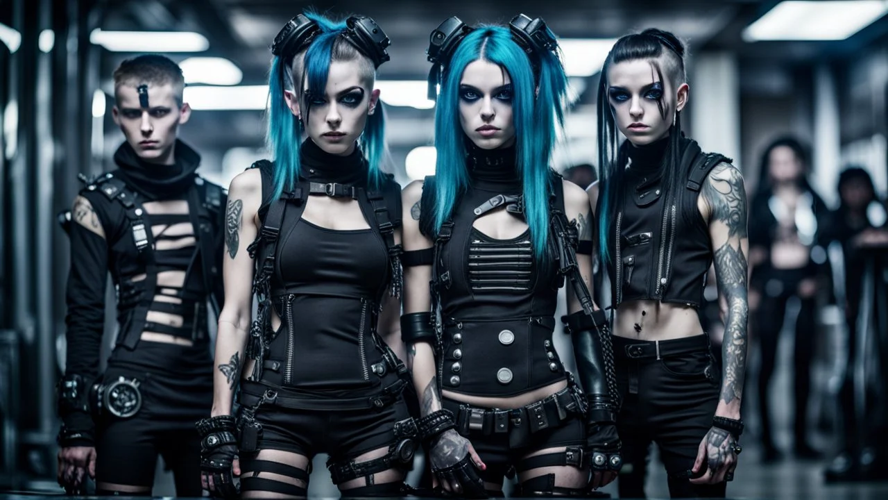 strong Cyber goth fashion, women and men in cyber goth clothes perfect realistic faces, full body, High detailed, sharp focus, looking at the camera, cinematic, masterpiece, high realistic, fashion photo