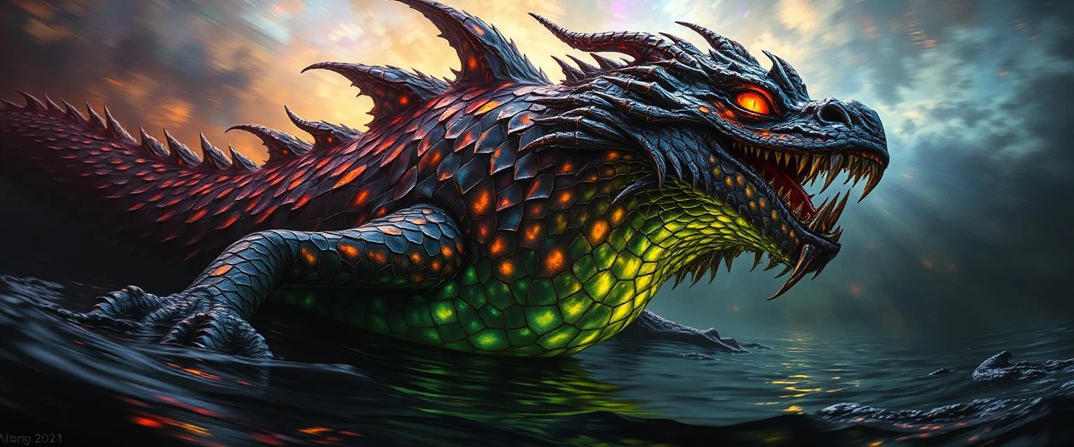 master oil painting by Rembrandt, good afternoon Glimmerscale "A massive dragon-like monster with jagged, reflective scales that shimmer like broken mirrors, bioluminescent streaks glowing across its body, jagged fins protruding at odd angles, dripping with black ichor, eyes glowing faintly, lurking in deep water." pin hole cam picture, twisted perspective, goa trance music poster, awake within a psychedelic mushroom dream, with some motion blur background, and hyper depth perception