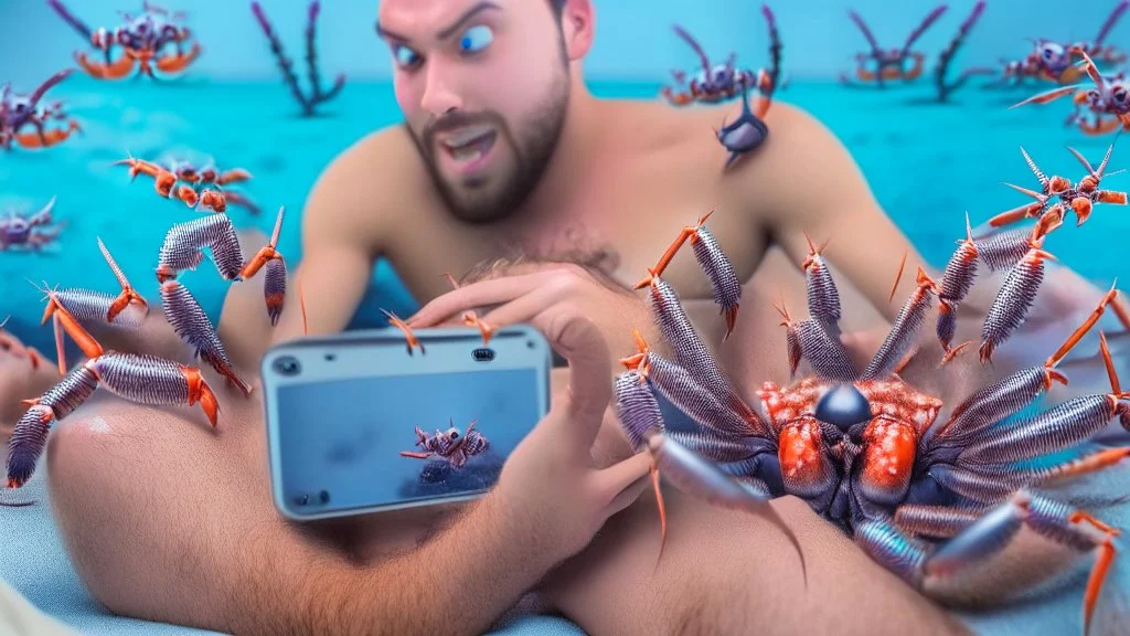 guy enjoying censored videos on smartphone surrounded by tiny crabs