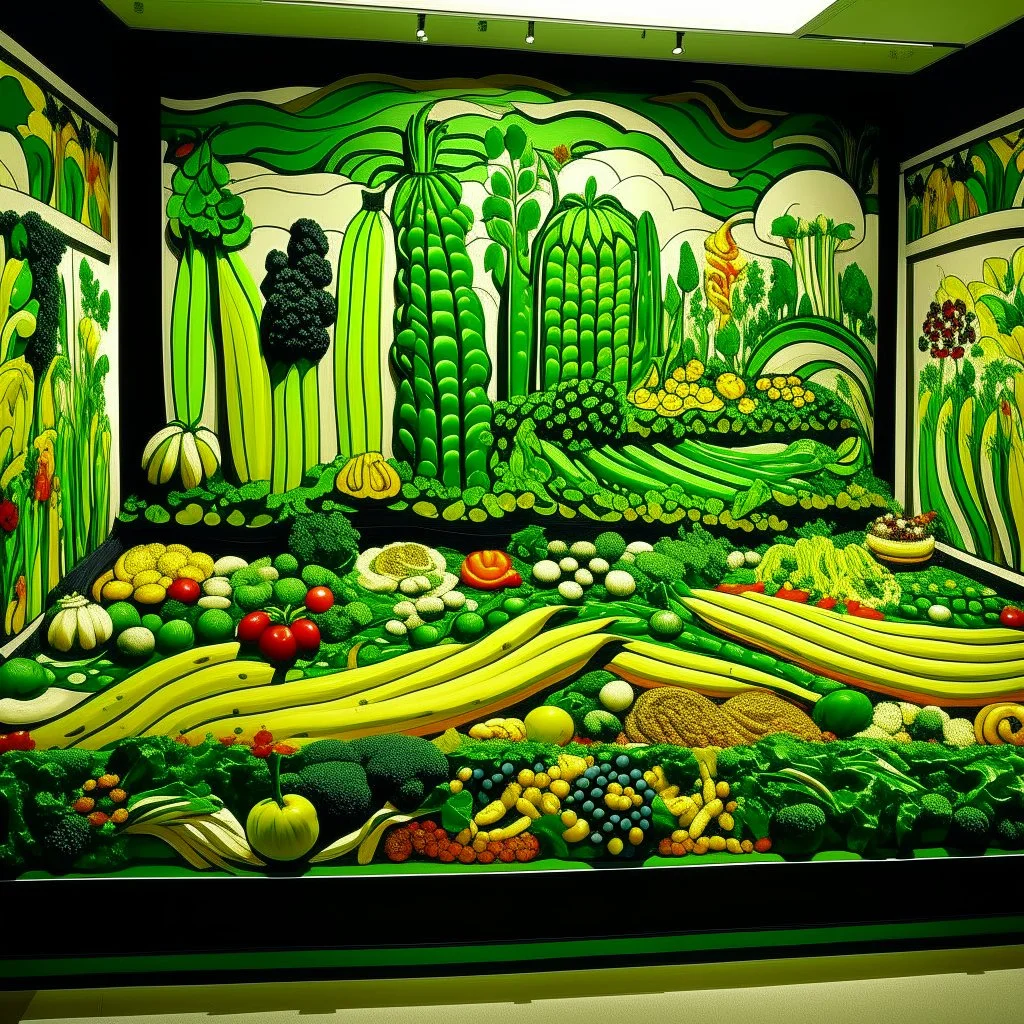 A green kingdom made out of vegetables designed in Bayeux tapestry painted by Roy Lichtenstein