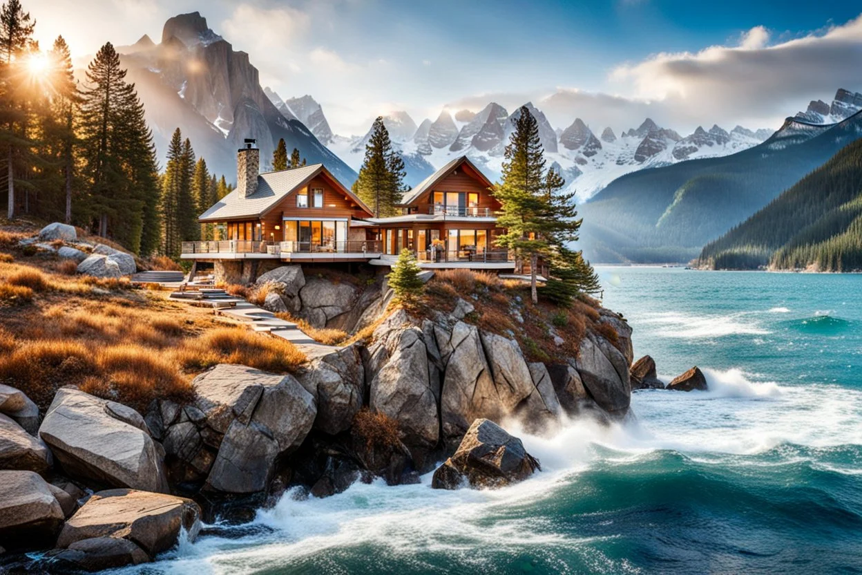 pretty dream houses in rocky mountain in wavy sea side, 1beautiful lady standing on rock