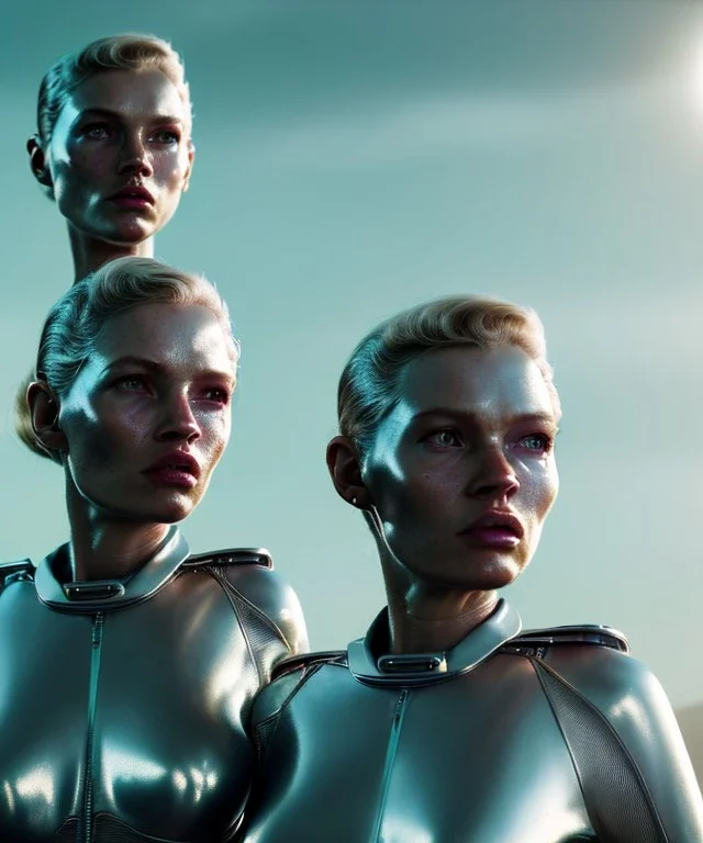 Ultra Realistic retro sci-fi movie scene, 1960 year, waist up view portrait, 3 clones blonde women, sweet young Kate moss face, perfect iris, glow eyes, face makeup. Mars and martians background, Retro sci-fi style, helmet, tight latex coat, fog, rain, soft color, highly detailed, unreal engine 5, ray tracing, RTX, lumen lighting, ultra detail, volumetric lighting, 3d, finely drawn, high definition, high resolution.