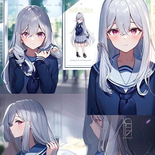 Clear focus,High resolution, grey long fluffy hair, long fluffy bangs, pink eyes, wearing a school outfit, front hair cover eyes, holding hair, wearing a short skirt, high quality comic, school life