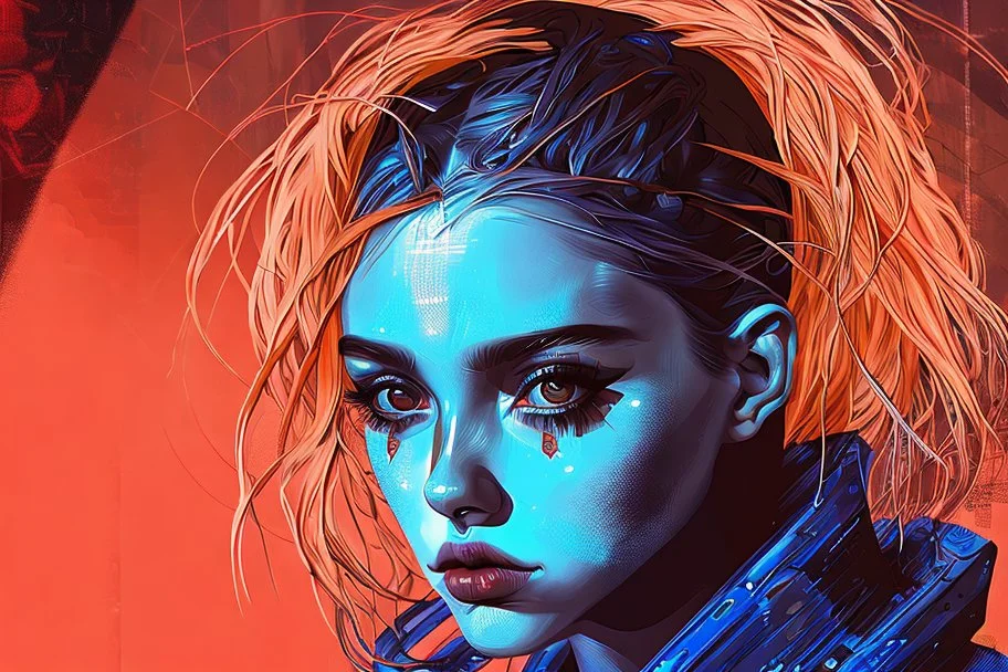 A beautiful portrait of a Singer Danish MØ face, painting by Katsushika Hokusai, beautiful cyberpunk, symmetry, hyperdetailed, illustration darkblue and orange tones,