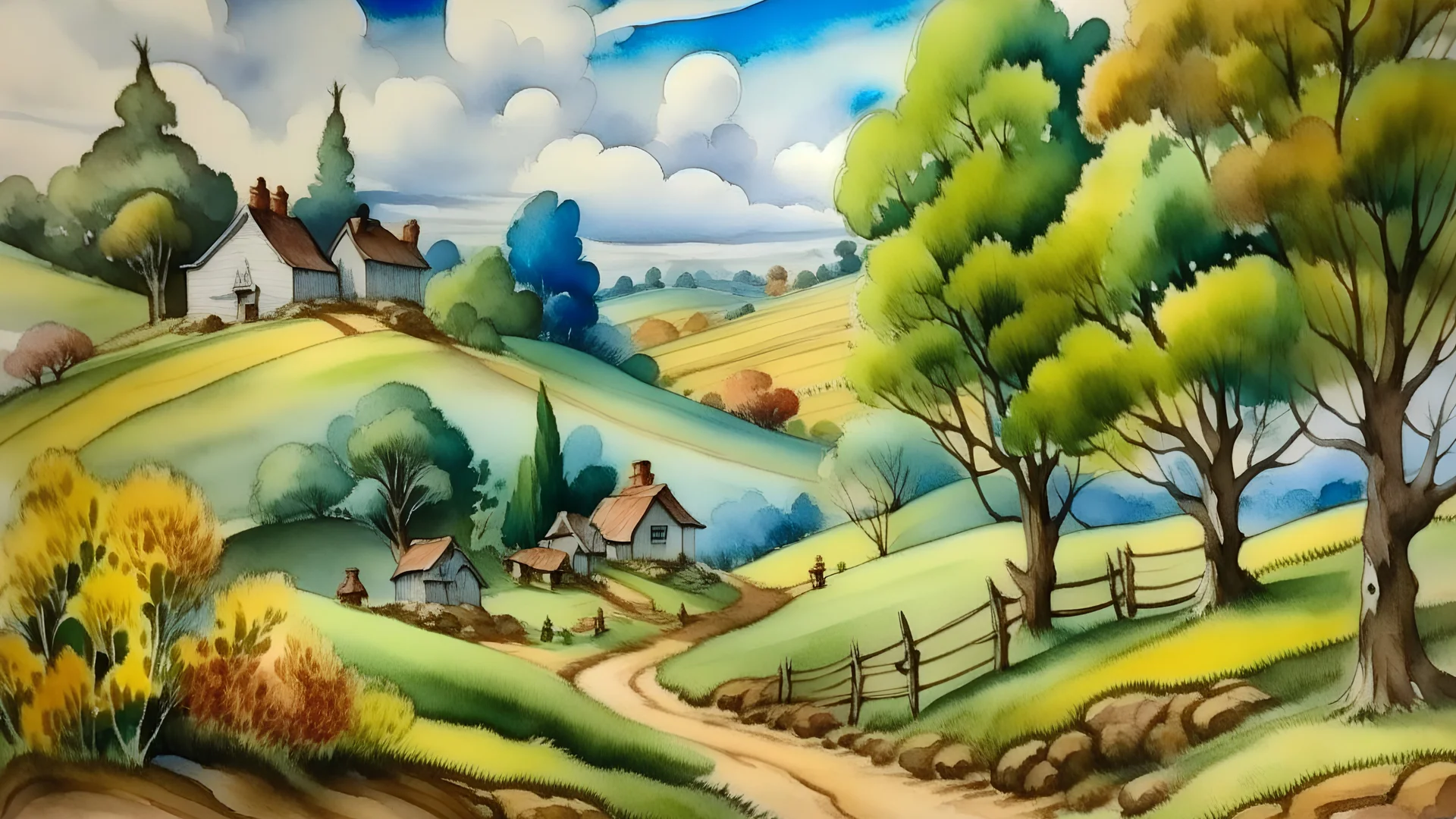 watercolor ,landscape, detailed, colorize, white background, in the style of Thomas Hart Benton