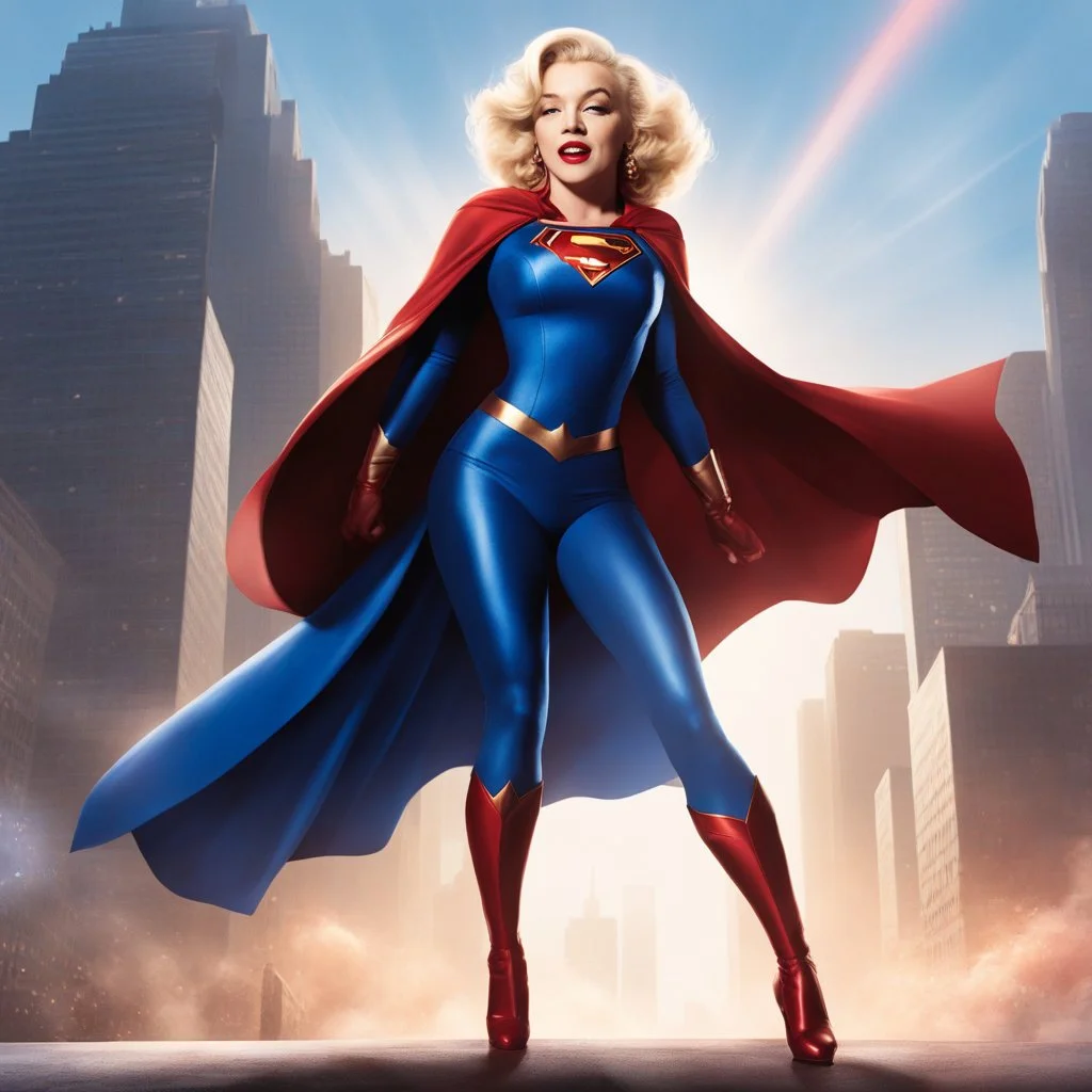 a power fusion of Marilyn Monroe's iconic glamour and the superheroic essence of Supergirl. With a playful yet powerful demeanor, this hybrid character exudes a captivating charm as she stands in a dynamic pose. From a 3/4 view, her silhouette reminiscent of Monroe's classic elegance, enhanced by Supergirl's emblematic colors and cape billowing in the urban breeze.As she turns her head towards the camera, a twinkle of Monroe's enchanting smile meets the viewer's gaze, she embodies a mix of timel