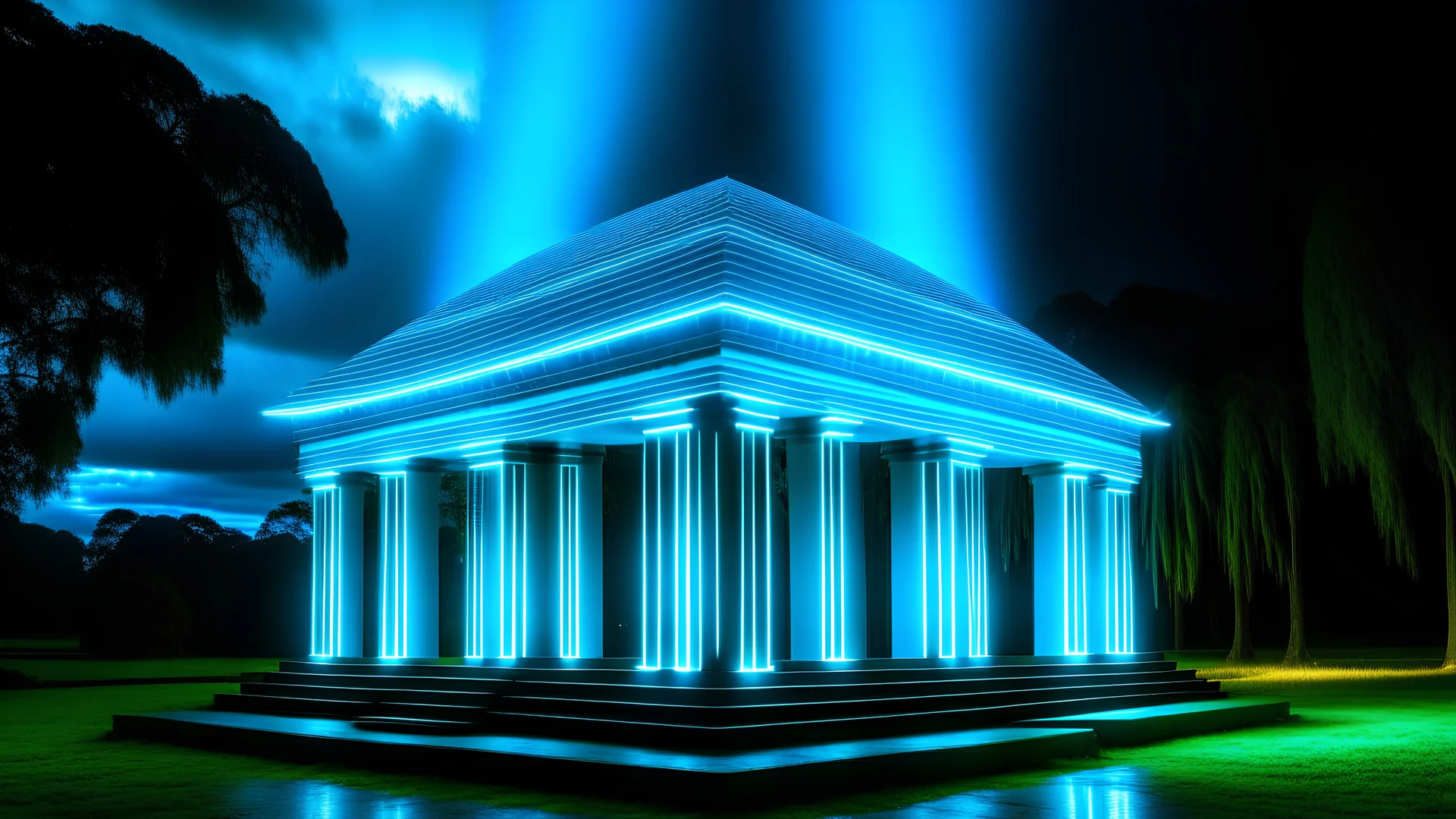 A temple with cyan lightning designed in aboriginal art