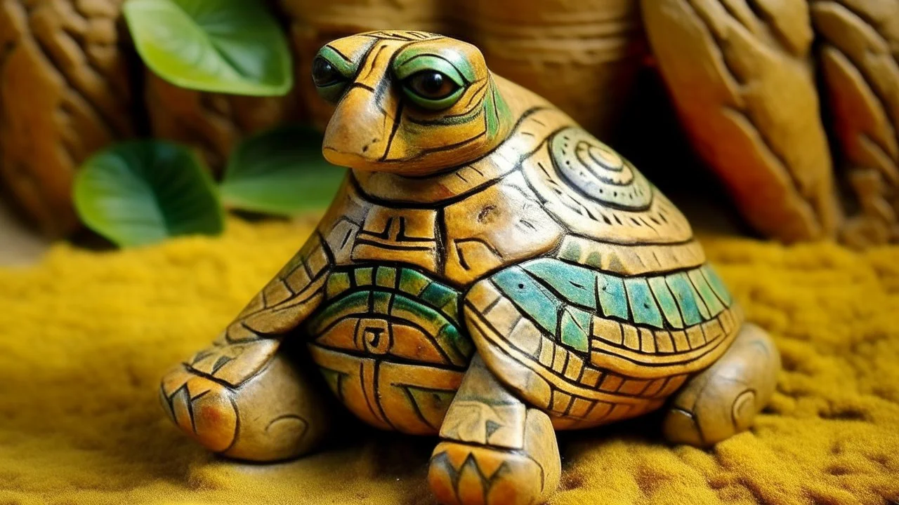 A tan earth elemental turtle designed in ancient Egyptian hieroglyphics painted by Paul Gauguin