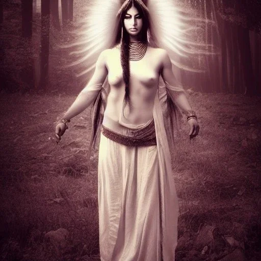 mystic indian woman with long hair, dark fantasy setting, ethereal, soft lighting