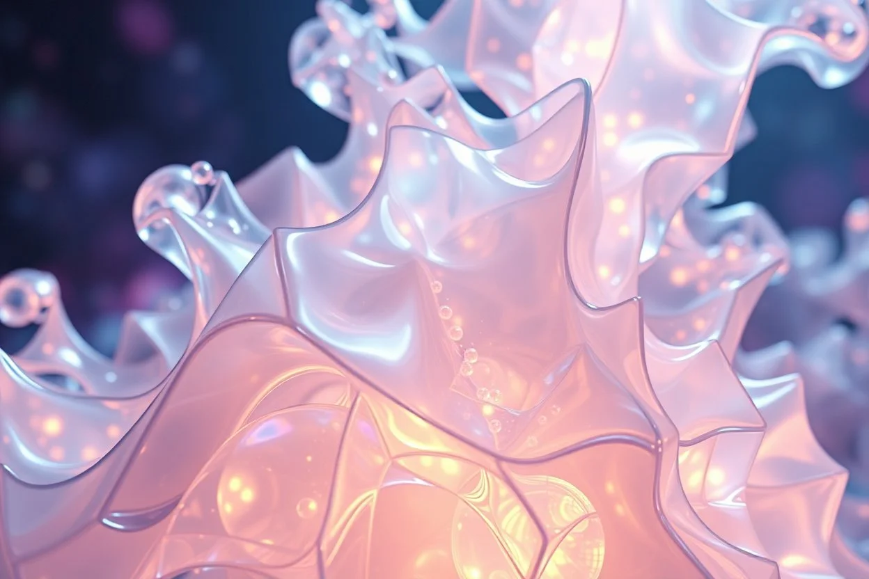 create A picture of 3d complex hypnotic fractal translucent 3D complex structures evolving and morphing, fluid geometry shifting between organic and geometric forms, iridescent glass material with internal glow and pretty bubbles inside,instances must have random translucent material smooth must capture comple struct , galaxy background, seamless motion, cinematic lighting, generative art style.