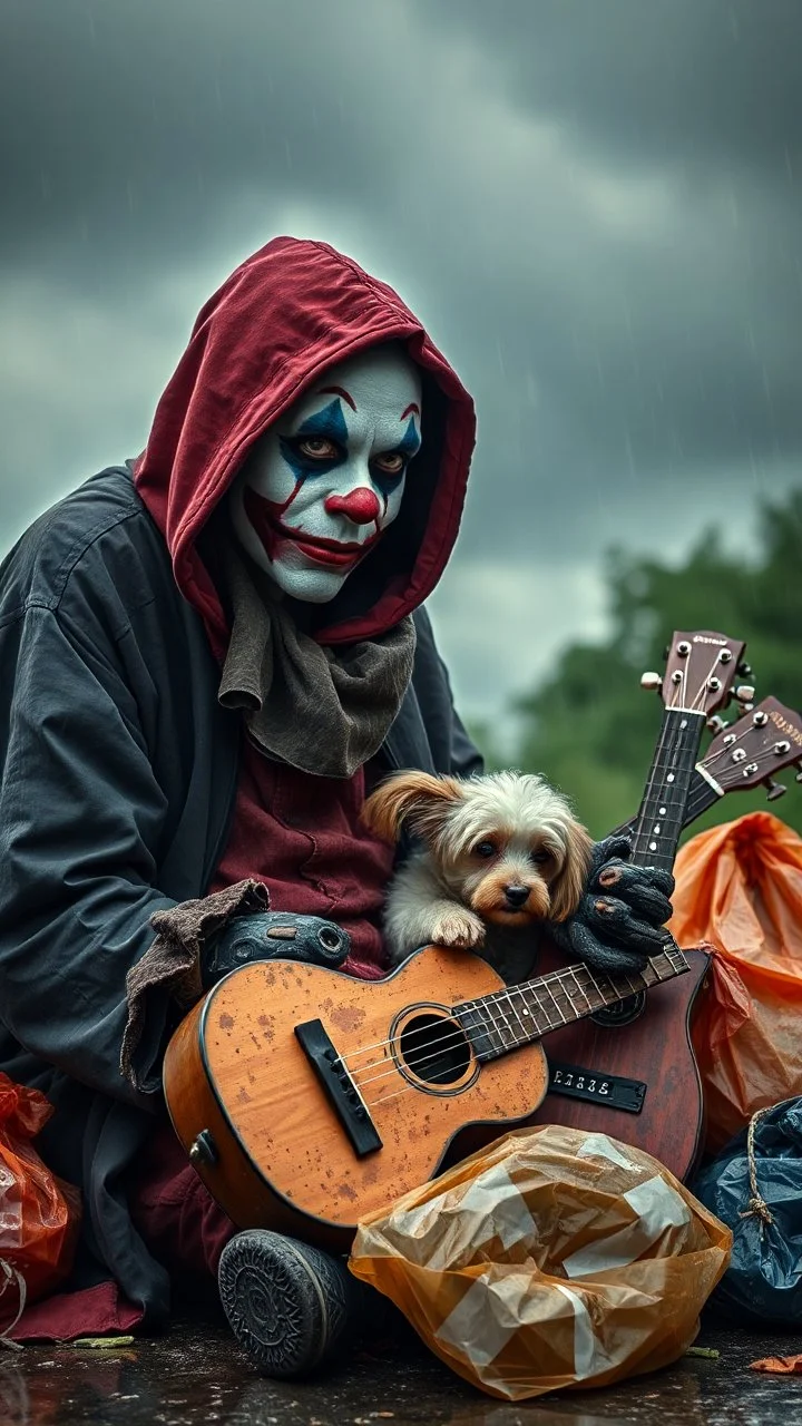 A sad hooded homeless clown with ugly clown face and make up sitting with his small dog , an old broken ukulele beside him with trash bags , in the background a, dark cloudy rainy weather