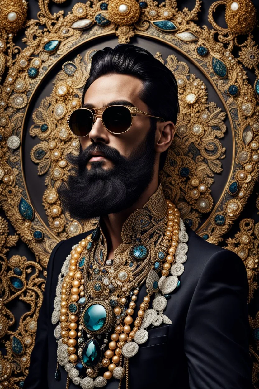 Artistic photo in the audacius style of Jill Greenberg, of man with a luxurious and striking style, abundance of jewelry, oversized sunglasses, neat black beard, feminine manirism, prints, desafiant, extravagant, barroque escene , impasto style with thick texture