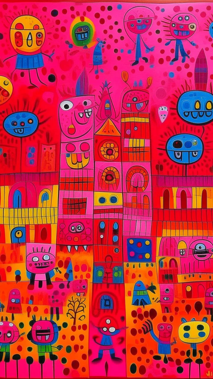 A magenta magical carnival made out of candy designed in Kuna molas painted by Paul Klee