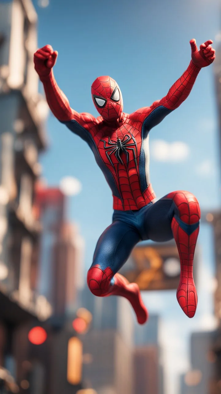 spider man jumping with skies, bokeh like f/0.8, tilt-shift lens 8k, high detail, smooth render, down-light, unreal engine, prize winning