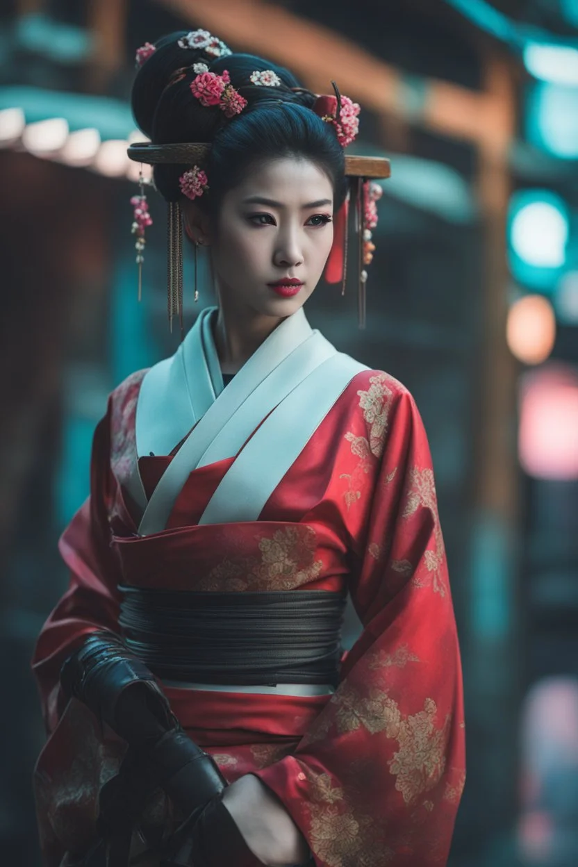 ((Lost suit)),((lost clothes)),Ultra realistic photo beautiful cyberpunk geisha woman , futuristic style, HOF, captured with professional DSLR camera, 64k, ultra detailed,