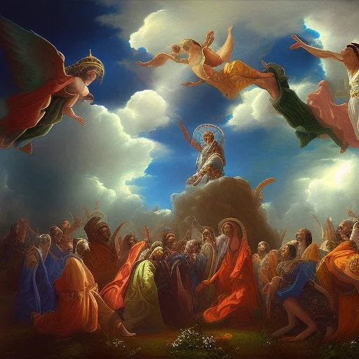 Ascencion of jresus among clouds with disciples on earth michael angel styles