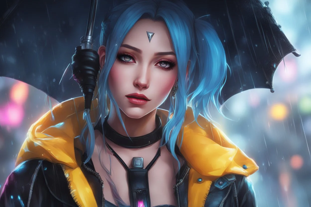 Jinx in 8k realistic anime drawing style, Dismal them, neon effect, close picture, rain, highly detailed, high details, detailed portrait, masterpiece,ultra detailed, ultra quality