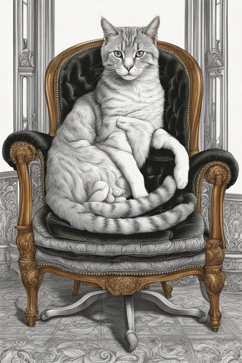 drawing, nice cat in chair, extrem detailed, sharp contour, stunning