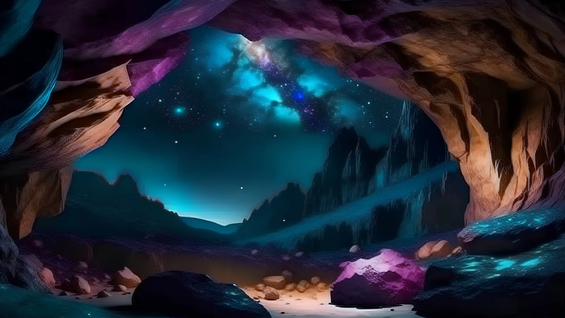 stone cave . mountains. space color is dark , galaxy, space, ethereal space, cosmos, panorama.