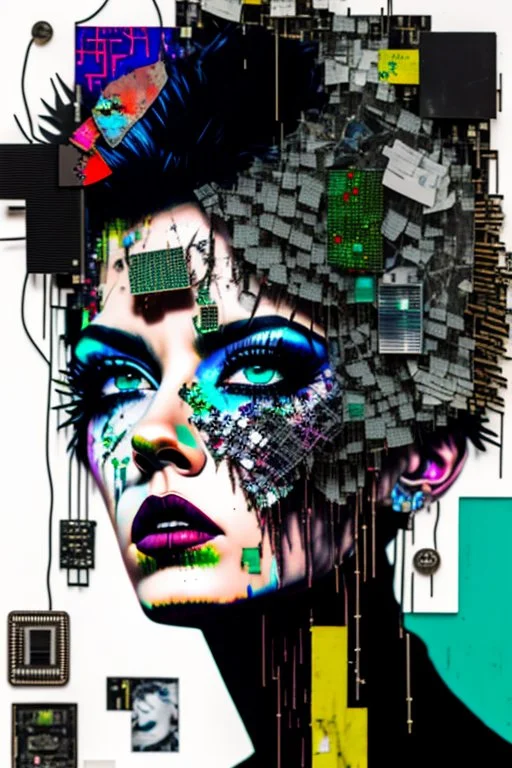 Ultra detailed medium portrait painting of anxiety , torn up collage of clippings, broken circuitry background, matrix effects, punk visual art, punk art aesthetic, graffiti art, pop surrealism, collage art, cluttered paint glitches