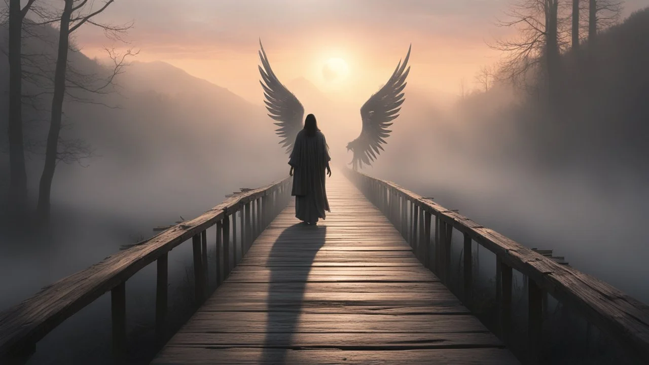 walking straight ahead over a wooden bridge, holding the angel of death with your right hand, entering the fog at the end of the road that leads to the afterlife, a stream from the mountains flows from the right and left, and a beautiful sunset behind the fog, realistic