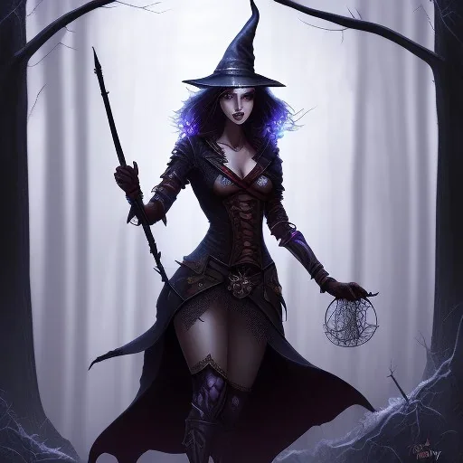  Woman horner witch in the dark forest