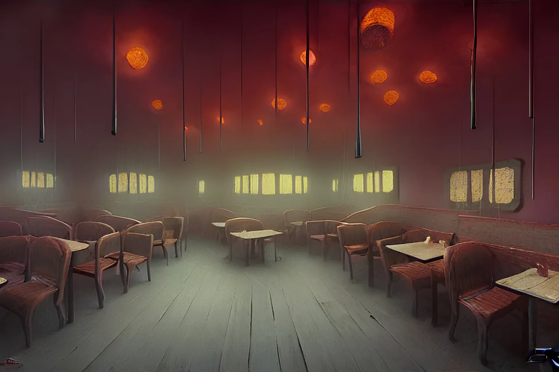 painting of inside of a kfc ran by octopi, otherworldly employees, by zdzislaw beksinski, by dariusz zawadzki, by john jude palencar, gothic, surrealism, cold hue's, warm tone gradient background, concept art, beautiful composition