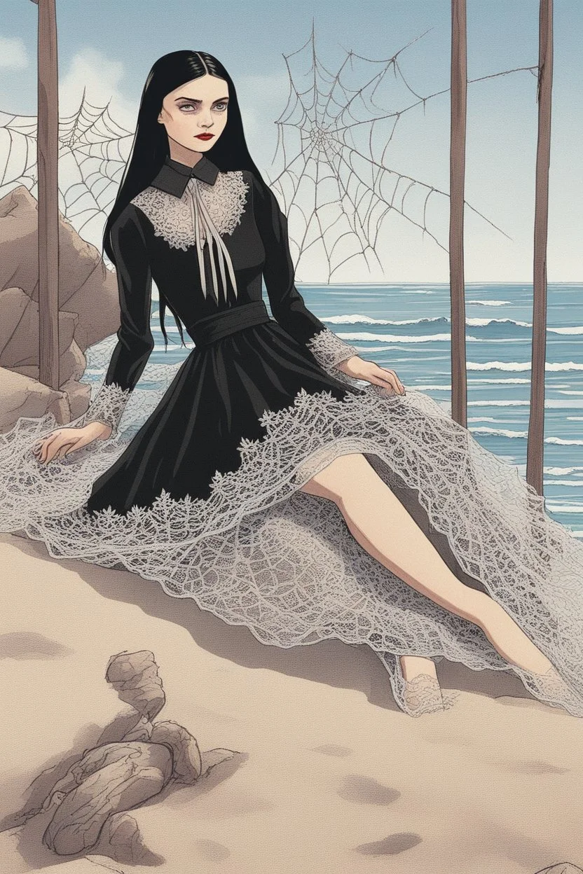 While her parents glided elegantly along the shoreline, Wednesday Addams wandered close to the crashing waves. Like Morticia and Gomez, she was attired not in typical beachwear but in a stylish Gucci ensemble. Wednesday wore a long-sleeved black lace dress that fell to her ankles. The intricate spiderweb pattern was finely woven into the fabric. Around her tiny waist was tied a ribbon sash the color of freshly spilled blood. On her feet were little patent leather Mary Janes, polished to a reflec