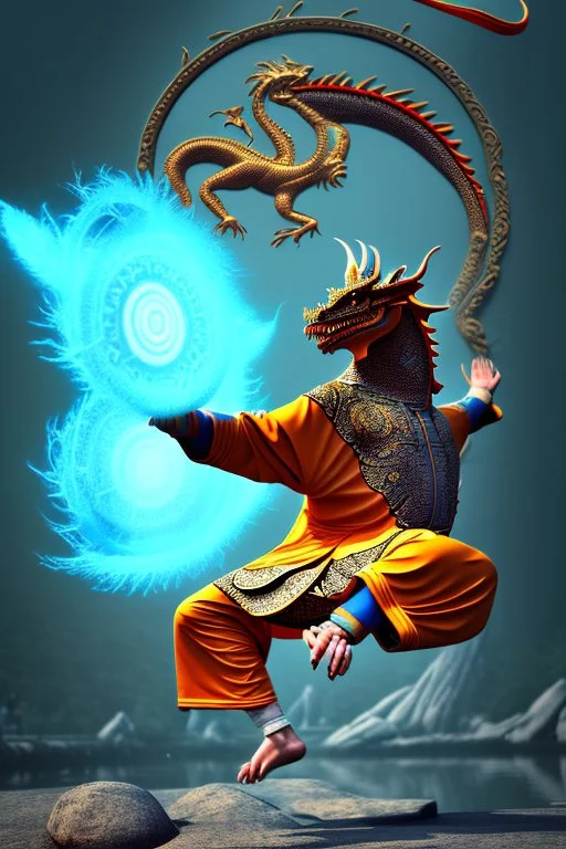 shaolin master ass kick vs yoga dragon, water, temple background, mist, trending on artstation, trippy, hi detail, game art, skies