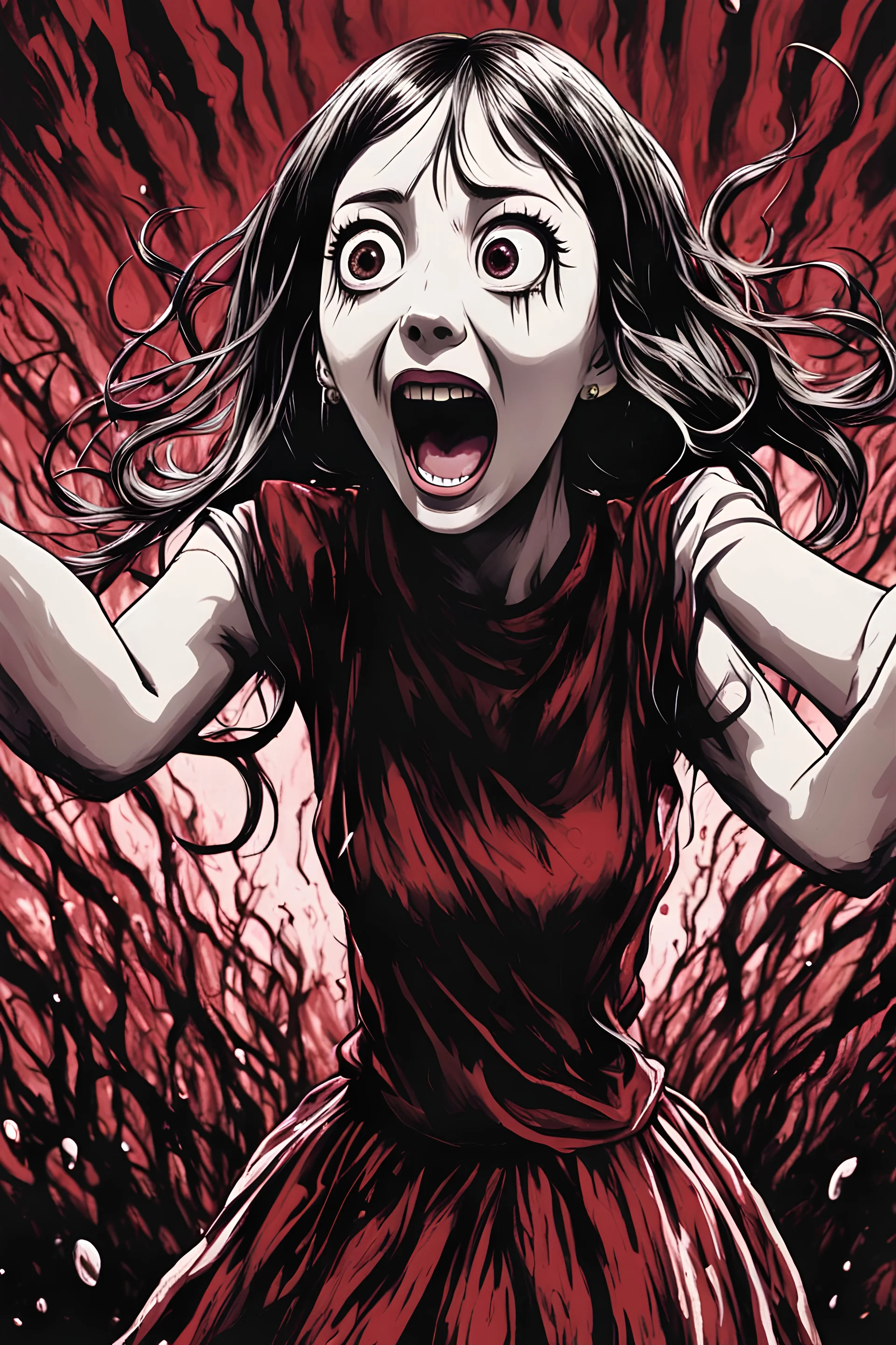 Petit woman with rare eyes, weird pose, fullbody, screaming, tears, Junji Ito style, darkred tones,