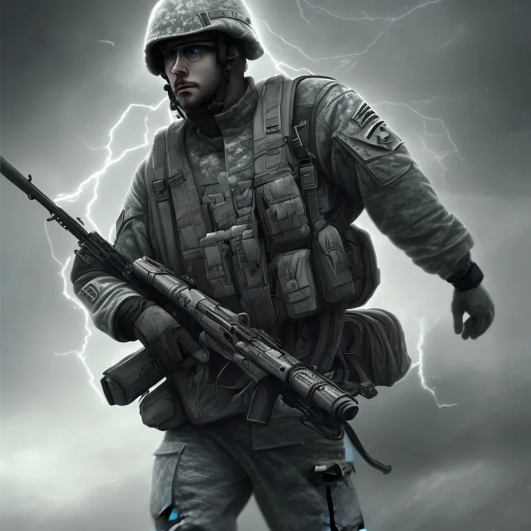 Soldier in a gray uniform, DeviantArt style, volumetric lightning, extremely detailed, background lightning