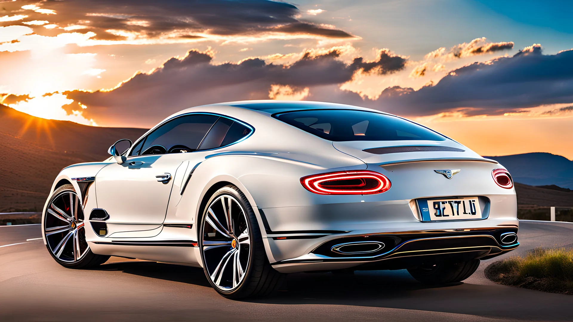 A sleek white shiny (((Bentley Porsche))), its contours and details perfectly captured in a (((cinematic view))), zipping along a winding road under a beautiful blue black night sky
