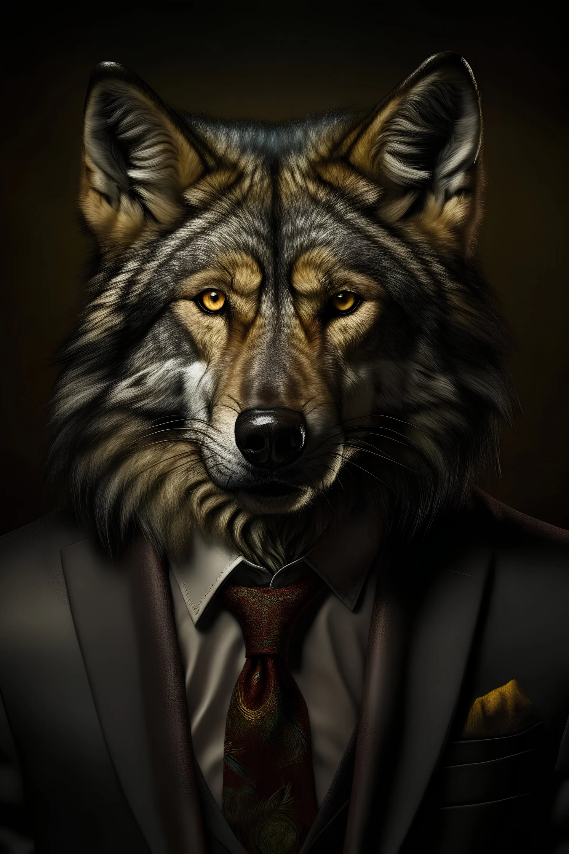 A captivating realistic calidadportrait of a wolf-human hybrid man of Asian descent, blending seamlessly into his formal suit with intricately detailed skin tones. The powerful subject exudes confidence and authority under the dramatic, cool lighting, which accentuates the textures of his fur and skin. The vibrant chromatic studio backdrop adds depth to the scene. The subject's intense focus on an ancient book brings an air of scholarly intrigue to the image, captured from an eye-level perspecti