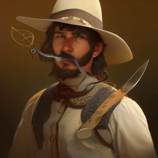 portrait,"Insanely detailed photograph of a male western mustachioed crossbowman", charo detailed, sequenced Sombrero, detailed held dagger, digital painting, artstation, concept art, smooth, sharp focus, illustration, art by artgerm and greg rutkowski and alphonse mucha, 8 k,fantasy, unreal engine