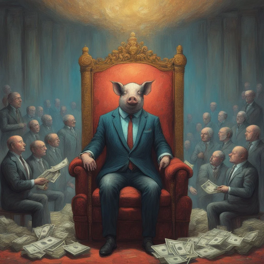 rich pig in suit on a throne making stacks of money by making a deal with a buisnessman. background of musicians. Payday payday. beksinski style.