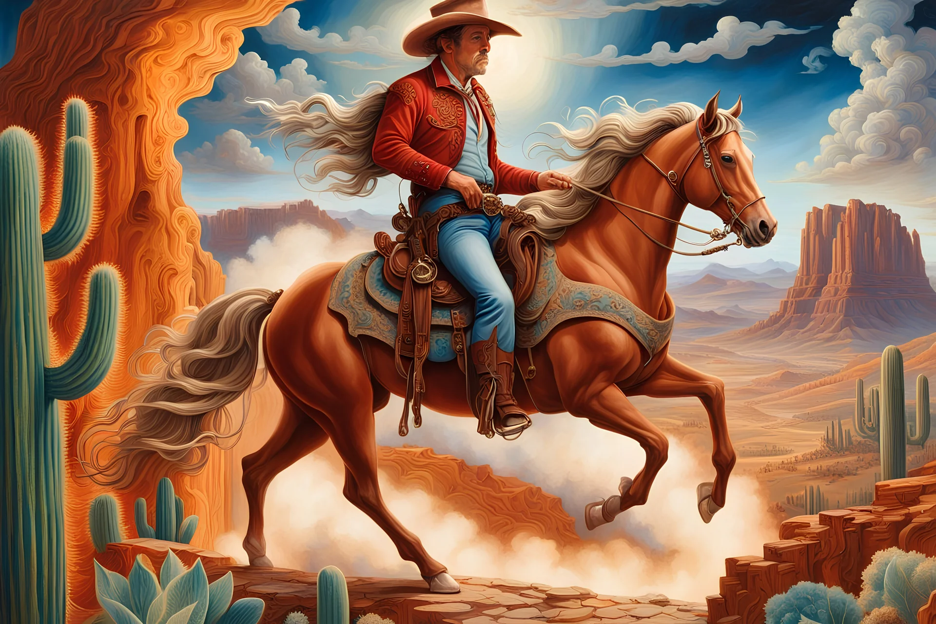 A vivid and surrealistic painting set against the backdrop of the Old American West, where a cowboy, clad in traditional attire, is depicted smoking a large, ornate cigarette. The smoke swirls and curls around him, imbuing the scene with a dreamlike quality. The cowboy stands in front of a magnificent wooden carving, its intricate red-brown details almost seeming to move with life. This masterpiece is mounted on a pedestal made of gleaming golden metal, further enhancing the fantastical atmosphe