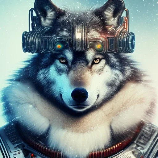 Cyberpunk Portrait of cyborg wolf with brown hair and with cute face, north pole snowy vibe , perfect composition, hyperrealistic, super detailed, 8k, high quality, trending art, trending on artstation, sharp focus, studio photo, intricate details, highly detailed, by greg rutkowski