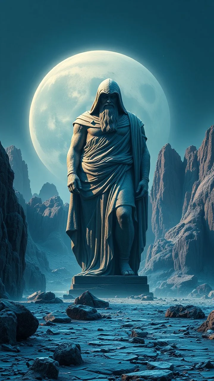 realistic photo of a landscape covered in granite that looks futuristic with futuristic lighting , a huge Roman statue of Troy standing a giant hooded creature looking at the camera