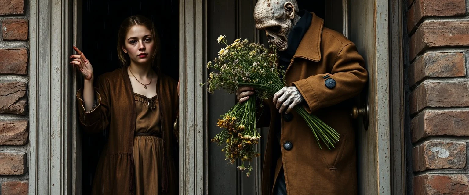 close up portrait painted by Rembrandt, Maya is standing in the doorway with one hand still on the handle. She looks surprised, but not frightened. The zombie is wearing an old brown coat with patches on the elbows. His shoes don't match. What's surprising is that he's carrying a bunch of wildflowers. One of them has slipped from his hand and landed upside down on the porch. The rain is falling everywhere except on the flowers. That's a little strange. The story doesn't mention it.