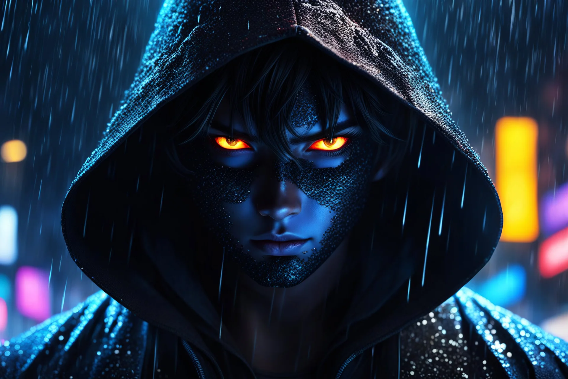 shadow in 8k anime cgi artstyle , neon effect, cover face, hoodie, rain, apocalypse, intricate details, highly detailed, high details, detailed portrait, masterpiece,ultra detailed, ultra quality