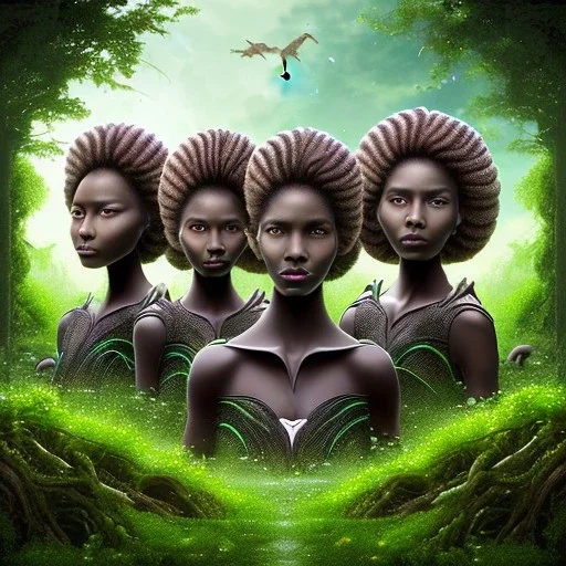 photo.three Brown skin women. Three dark skin women. Three black women. .three women. A mother. Two daughter. Twins. A mother with her children. three young black women. wood nymphs emerging from the forest. Her hair looks like vines. Dreadlocs. Her skin is the colour of dark soil. Her skin looks like tree bark. Her clothing is made of vines, grass and leaves.