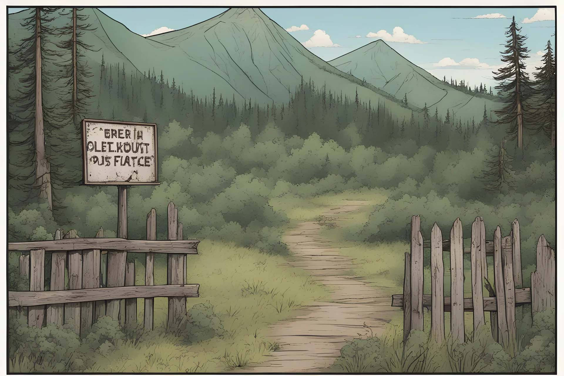 lookout, fence, mountain, forest, overgrown, post-apocalyptic, comic book, camp site signs