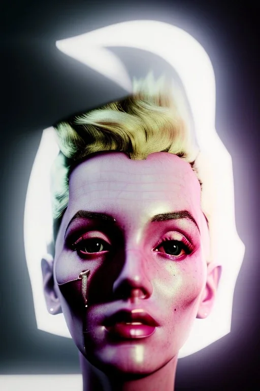 Ultra Realistic image, portrait, blonde woman, sweet Marylin Monroe face, perfect iris, glow eyes, glow makeup. Cyberpunk style, latex coat, fog, rain, soft color, highly detailed, unreal engine 5, ray tracing, RTX, lumen lighting, ultra detail, volumetric lighting, 3d, finely drawn, high definition, high resolution.