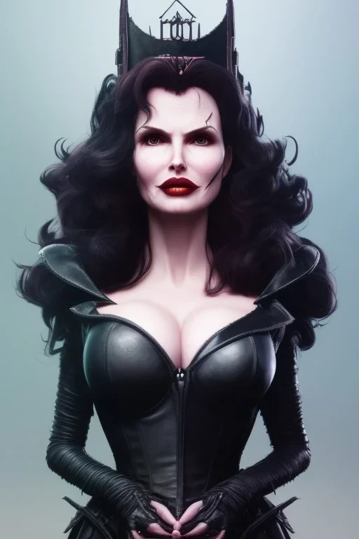 Geena Davis as evil queen in black leather, leather, busty, cleavage, angry, rage, stern look. character design by cory loftis, fenghua zhong, ryohei hase, ismail inceoglu and ruan jia. unreal engine 5, artistic lighting, highly detailed, photorealistic, fantasy