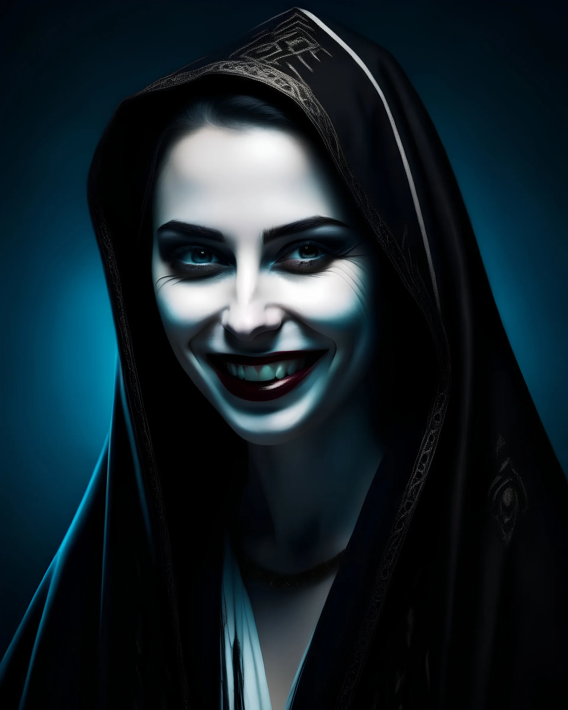 Character: death as a beautiful mysterious woman , maliciously smiling, with human face, with red lips, pale skin and dark eyes, wearing a black cloak looking at me, black background, realistic