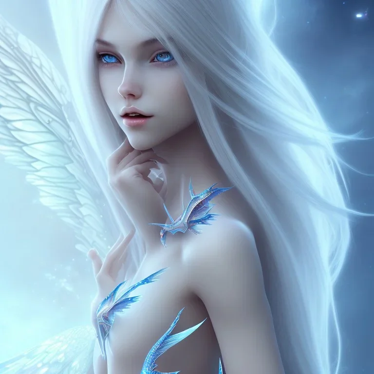  beautiful, soft, smiling face, blue and brilliant atmosphere, long straight blond hair, big fairies transparent wings in the back