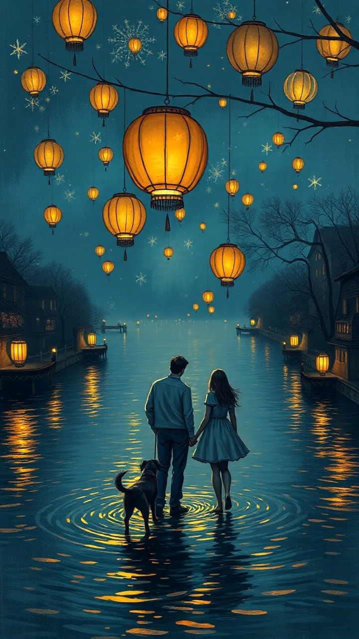 lanterns , on the water of a river , in the style of vincent van Gogh, without people and animals only a couple lovers with a dog