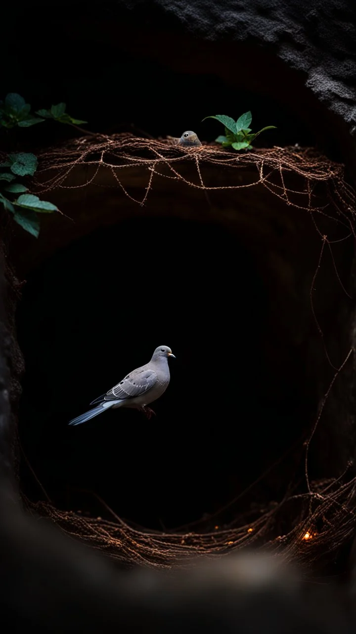 A very fine spider web in front of a dark cave entrance a dove laying in the nest ,unsplash photography, BOKEH shot style of time-lapse photography, fujifilm provia 400x, 100mm lens, luminous shadows, renaissance-inspired , home and garden, wildlife nature photography, HDRI. A nest in front of the spider web with a dove laying in it