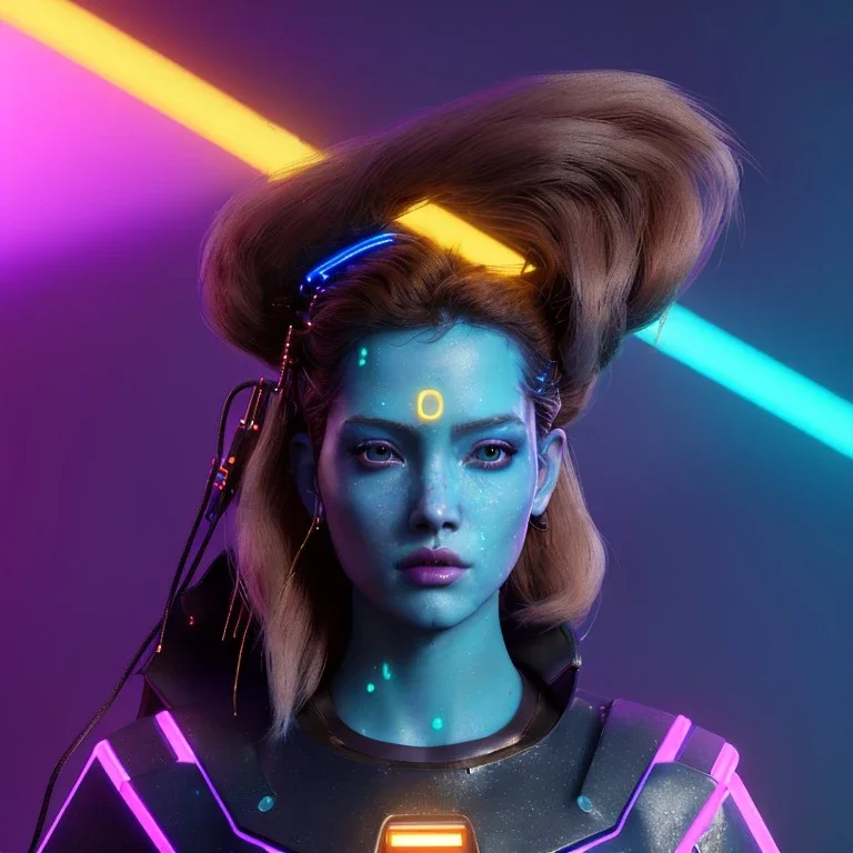 Pretty cyber woman, bluehair, sci-fi, rounded face, black, gold, brown, samurai style, simetric, neon style, a lot of led lights, fog, rain, leather coat, vibrant color, highly detailed, art stations, concept art, smooth, unreal engine 5, god rays, ray tracing, RTX, lumen lighting, ultra detail, volumetric lighting, 3d, finely drawn, high definition, high resolution.