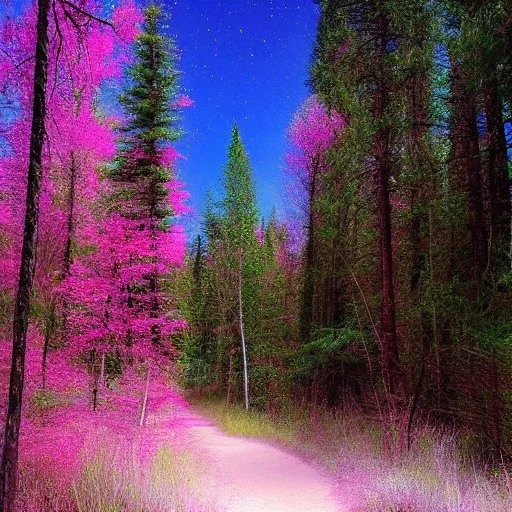 petit chemin de sable dans la foret, arbres roses, aurore boréale